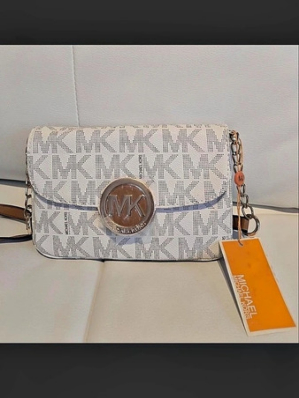 Michael Kors Mila Small Signature Logo Crossbody Bag White & Brown
